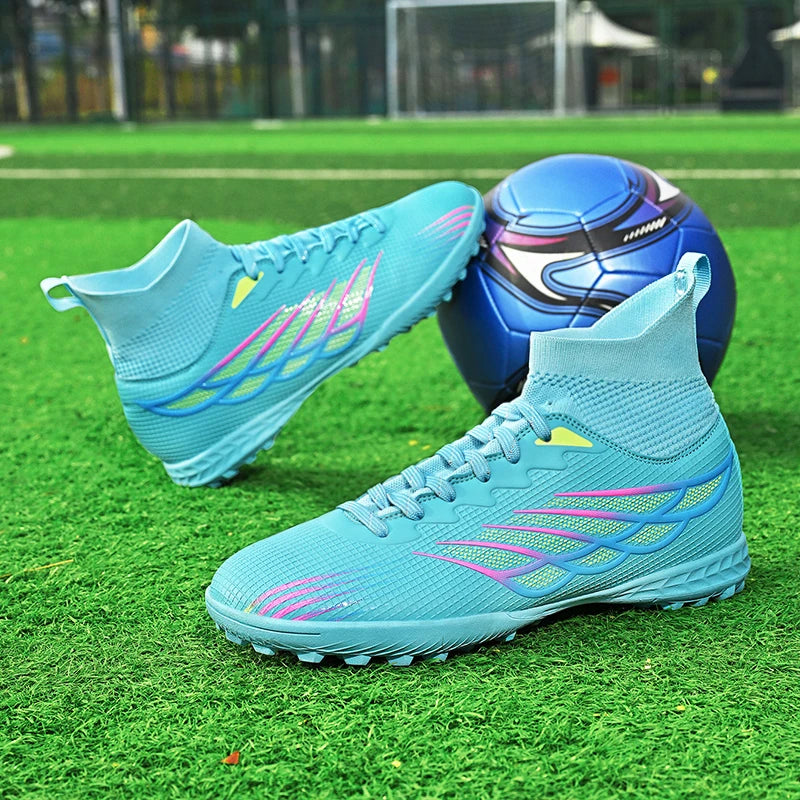 Chaussures de football à crampons TF pour terrain synthétique, modèle à tige haute et coupe ajustée, chaussures de football à lacets avec empeigne respirante en tissu, semelle en caoutchouc antidérapante et durable, ch