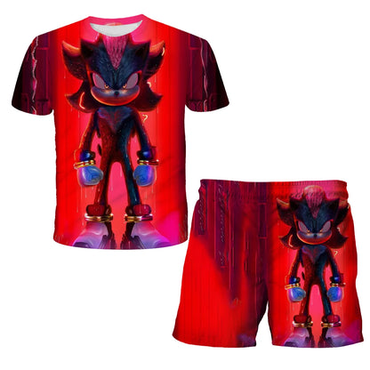 New Boys T-shirt Sonic The Hedgehog 3D T-shirt Set for Boys Girls Cute Summer Top + Shorts Children's Short-Sleeve Birthday Gift