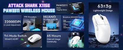 ATTACK SHARK X11SE trådlös gamingmus, tri-mode, 63g superlätt med PAW3311-sensor, 22000 DPI, 300mAh batteri, dubbel drivrutin