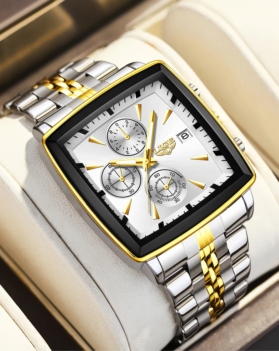 Relojes de lujo para hombre LIGE, modelo cuadrado, estilo clásico y moderno, de acero inoxidable, resistentes al agua, deportivos y desenfadados, con mecanismo de cuarzo.