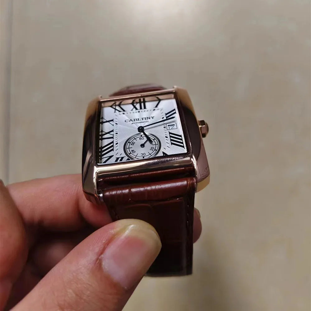 Montre automatique de luxe pour homme – Montre-bracelet mécanique, modèle élégant de grande marque, boîtier carré en acier inoxydable, étanche – CARLTINY