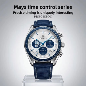 OMAYS Men's Luxury Sport Watch, 50th Anniversary Edition, Blue Nylon Band, Chronograph Quartz Wristwatch