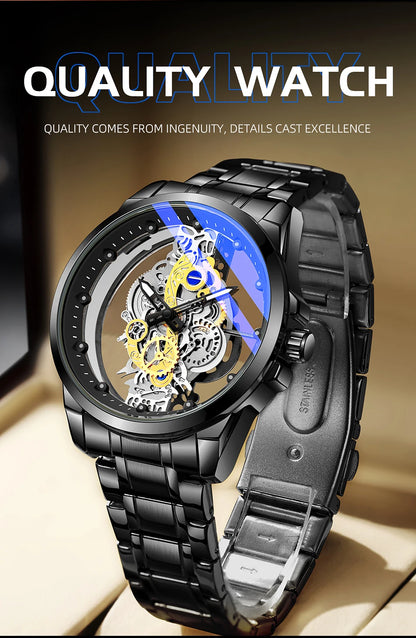 TPW Men’s Luxury Black & Gold Skeleton Quartz Watch Fashion Wristwatch