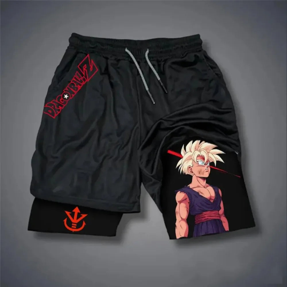 Мъжки двуслойни шорти „Dragon Ball“ с Гоку в черно – летни японски аниме имитация, двукомпонентни спортни шорти за фитнес с бързосъхнеща материя