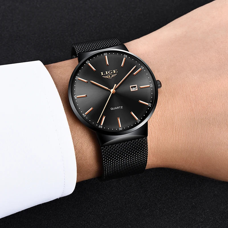 Montre pour homme LIGE, modèle élégant et luxueux, ultra-fin, étanche, avec bracelet en maille, mouvement à quartz, affichage de la date et calendrier – idéale pour un style professionnel.