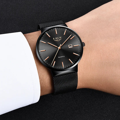 Montre pour homme LIGE, modèle élégant et luxueux, ultra-fin, étanche, avec bracelet en maille, mouvement à quartz, affichage de la date et calendrier – idéale pour un style professionnel.
