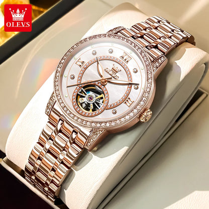 OLEVS Women’s Luxury Automatic Skeleton Watch  Starry Sky Stainless Steel Mechanical Wristwatch