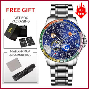 GLENAW New Rotating Earth Mechanical Watch Men Space astronaut dial Night Light Waterproof Stainless Steel Strap Automatic Watch