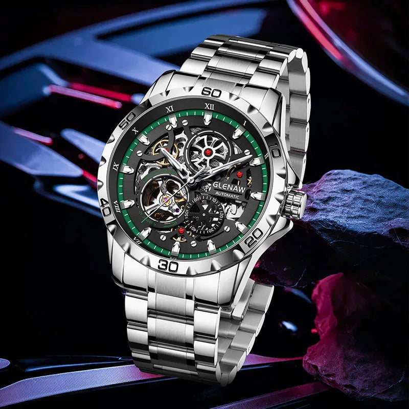 GLENAW Steampunk Skeleton Men's Watch Ring Luxury Automatic Mechanical Watches Luminous Waterproof Stainless Steel Strap Watch