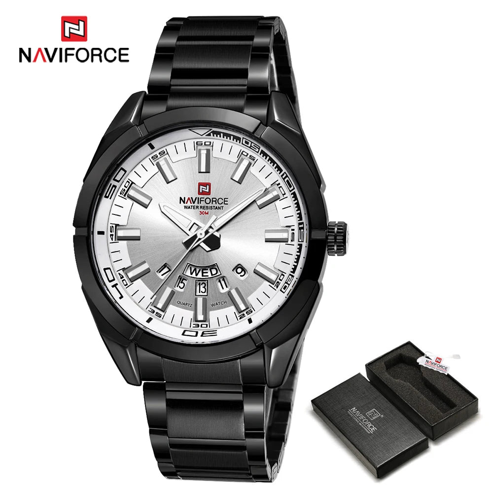 Montre pour homme NAVIFORCE, entièrement en acier, étanche, style décontracté, mouvement à quartz avec affichage de la date – Montre-bracelet de luxe pour homme, d'une marque de premier plan.