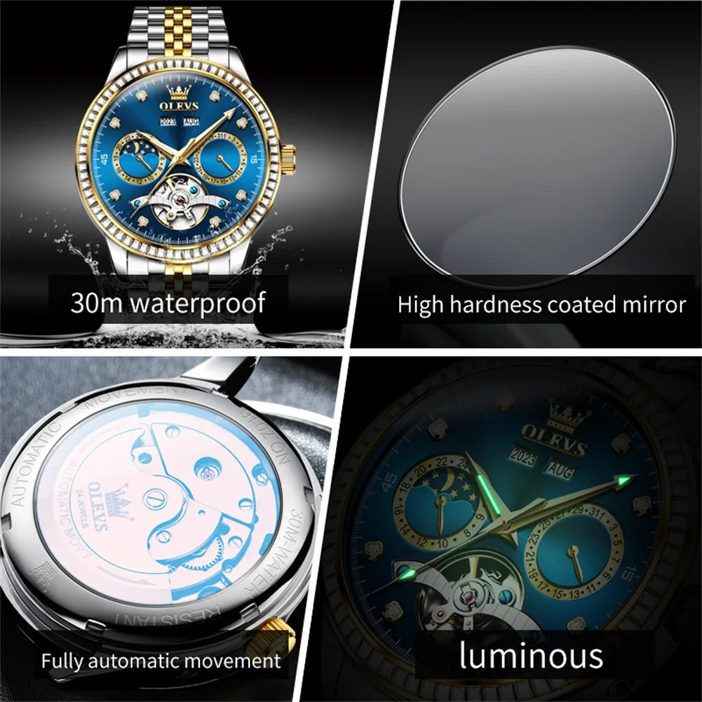OLEVS 7016 Automatic Man Watch Stainless Steel Diamond Bezel Skeleton Flywheel Moon Phase Luminous Waterproof Mechanical Watches