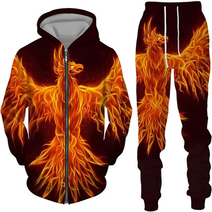 New 3D printed long sleeved hooded sweatshirt set for spring and autumn men's sportswear zipper sweatshirt