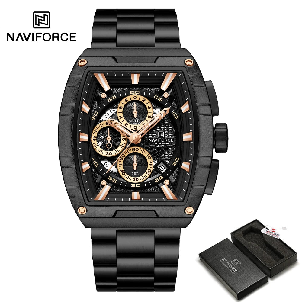 NAVIFORCE Luxury Chronograph Quartz Watch for Men Fashion Tonneau Stainless Steel Man Watches Waterproof Luminous WristWatch