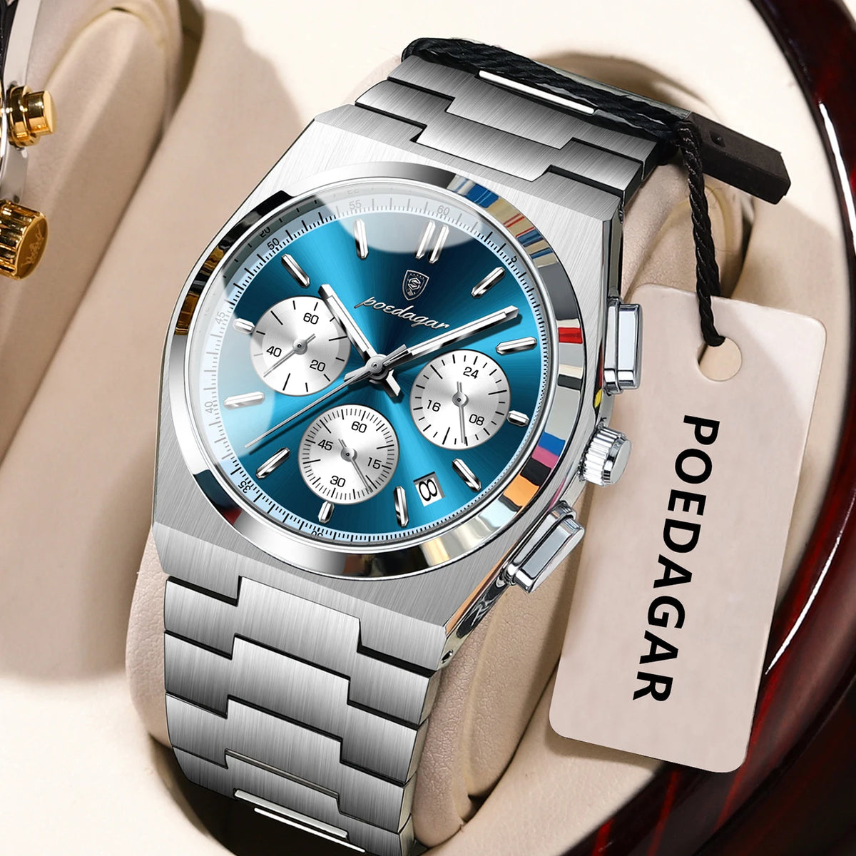 POEDAGAR Herrenuhr – Luxuriöser Chronograph aus Edelstahl, mit Datumsanzeige, wasserdicht und leuchtend – Sportliche Quarz-Armbanduhr