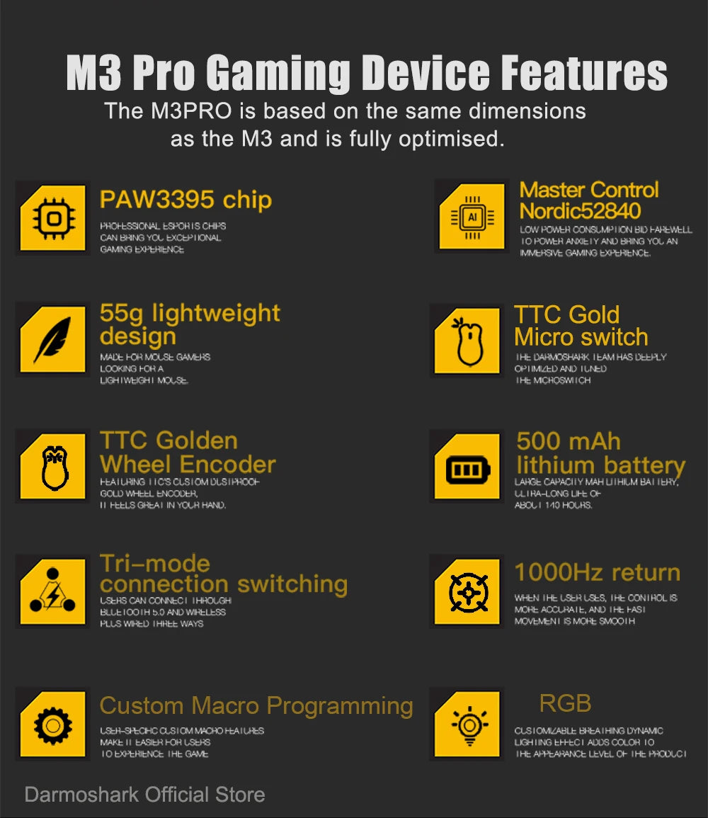Darmoshark M3Pro Gaming Mouse 2.4G BT Wireless Tri-Mode PAW3395 Sensor N52840 26000DPI Big Hand Macro Driver Mouse For Gaming