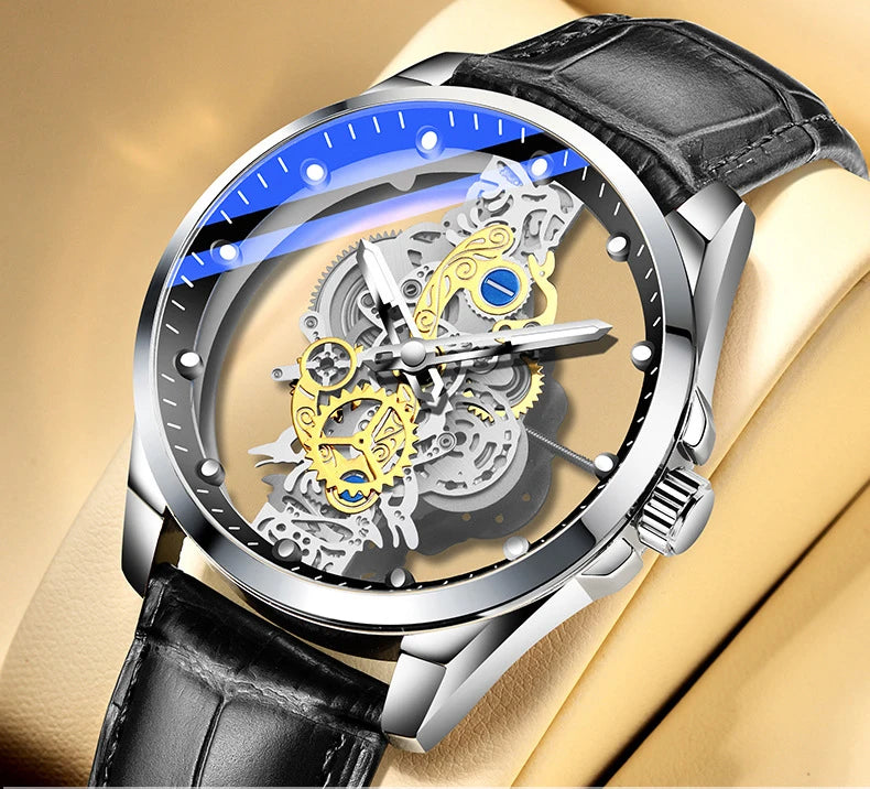 Trendové pánské hodinky, model s dvojitým víčkem, luxusní zlatý styl, imitace mechanického tourbillonu, quartzový strojek.