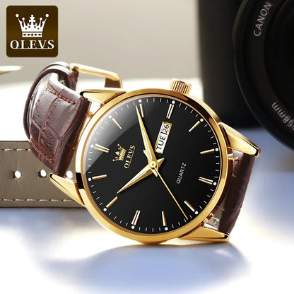 Montre à quartz OLEVS pour homme – Style luxe et élégant, bracelet en cuir, affichage de la date et du jour, étanche, idéale pour le travail