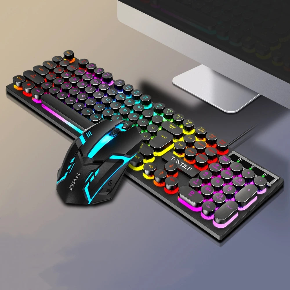 Russian Keyboard with Russian English Letter 100% Keyboard Mouse Kit Translucent Keycaps Backlight Punk Round Keycap Wired TF270