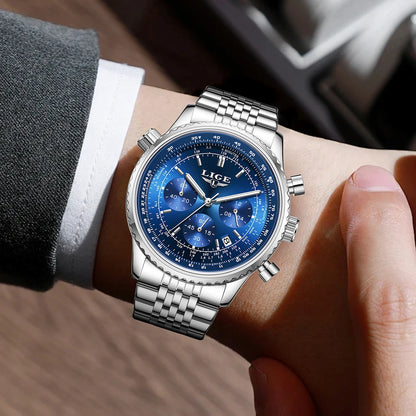 Montre de luxe pour homme LIGE – Chronographe avec date, en acier inoxydable, étanche, luminescente, style sportif et militaire, montre à quartz pour homme