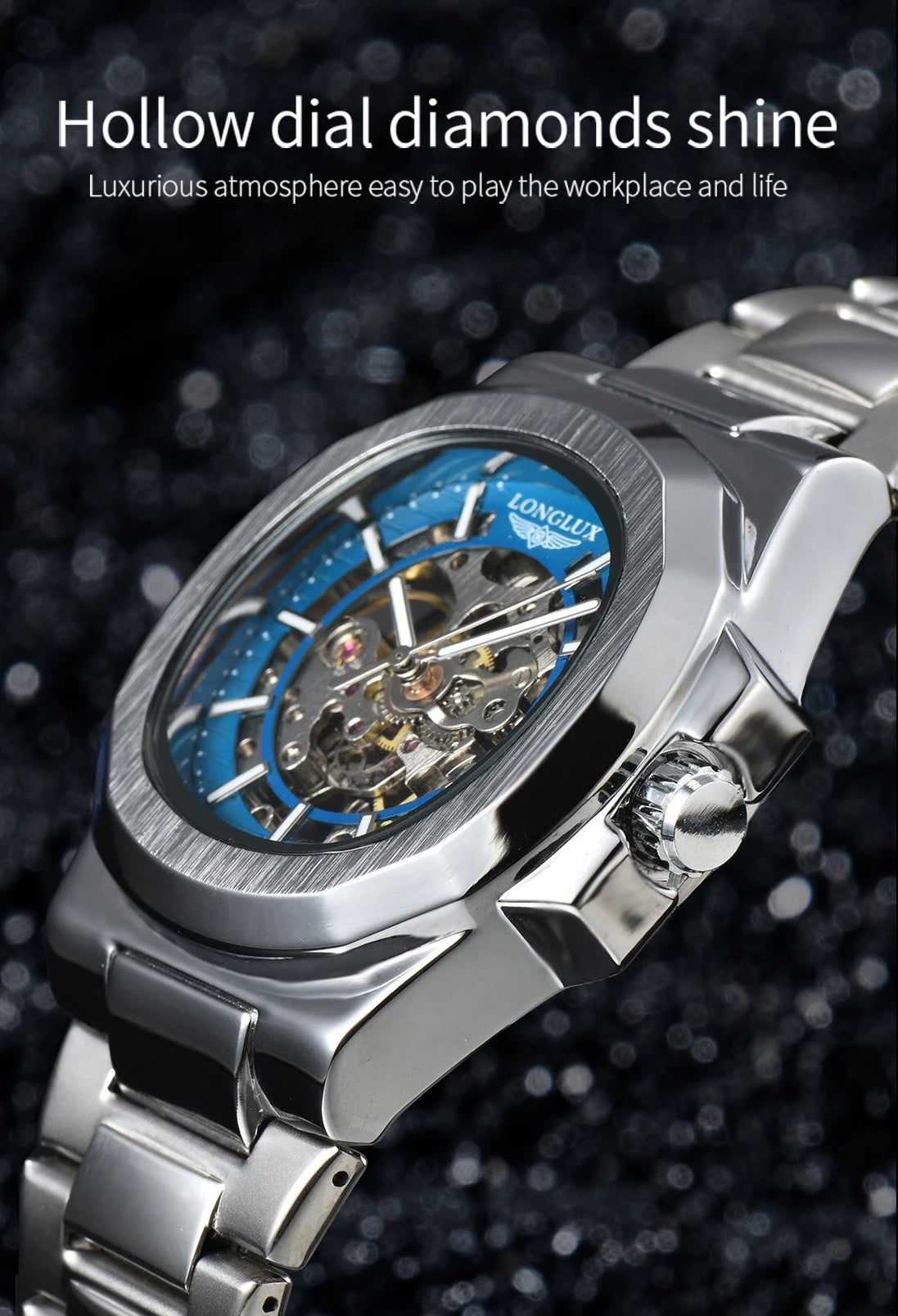 LONGLUX Men automatic mechanical watch luxury watches waterproof skeleton business cheap wholesale stainless steel gift watch