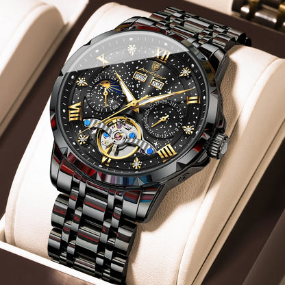 Montre mécanique automatique pour homme POEDAGAR – Modèle haut de gamme, boîtier en acier inoxydable, calendrier, tourbillon apparent