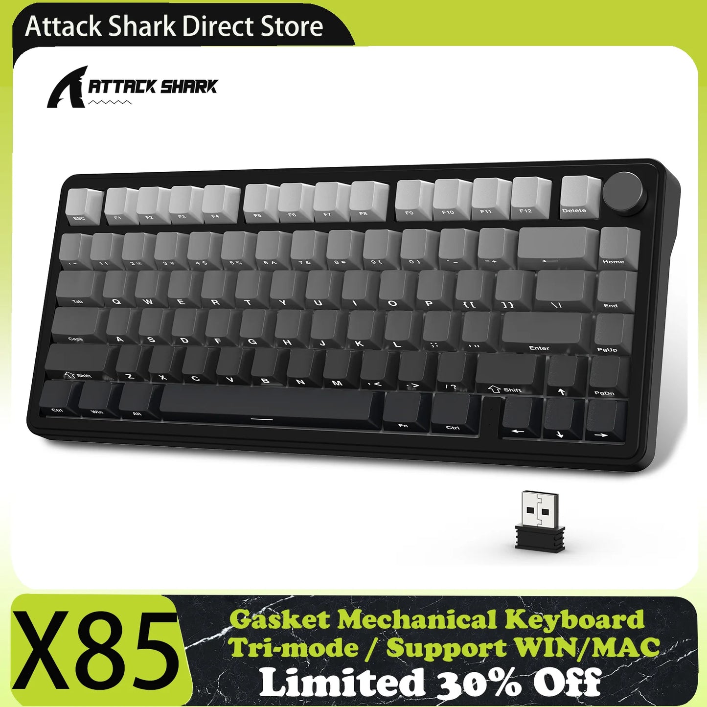 Teclado mecânico ATTACK SHARK X85 Tri-mode Gasket 75% com botão CNC, acolchoamento de 5 camadas, hot-swappable, retroiluminação RGB, NKRO
