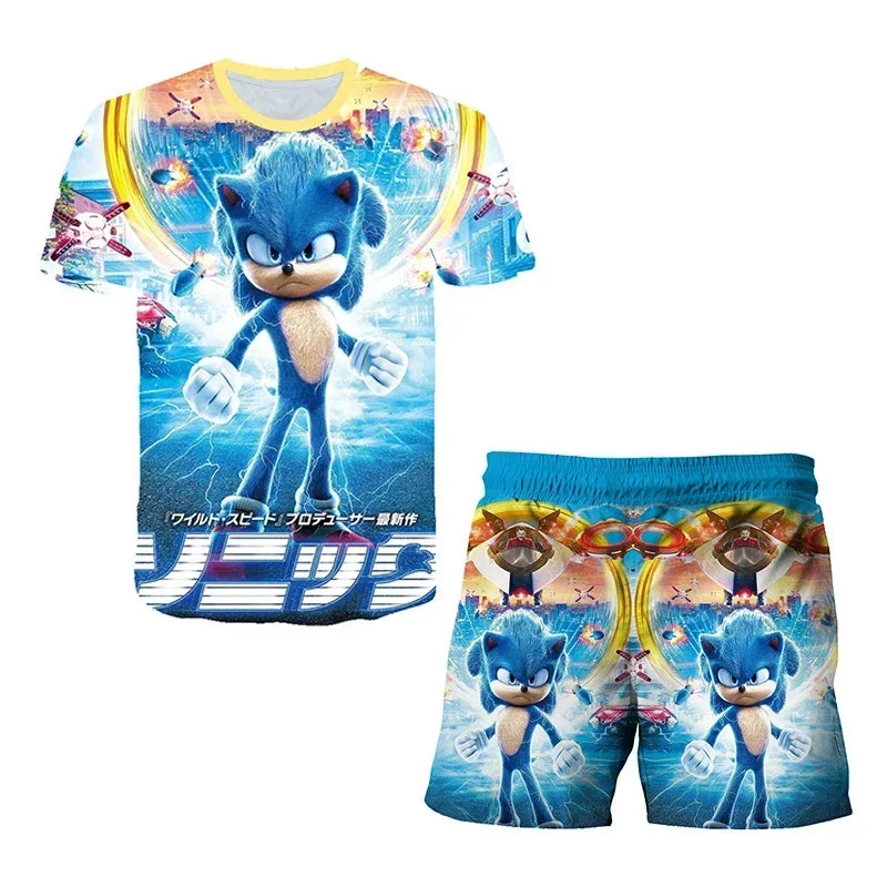 Sonic The Hedgehog Top Fashion 3D Anime Children's T-shirt Set Short Sleeve + Shorts Two-piece Set Girls Boys Cosplay Costume