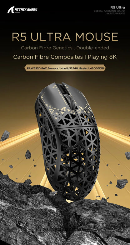 ATTACK SHARK R5 Ultra trådløs gamingmus i kulfiber, PixArt PAW3950MAX-gamingsensor, 42000DPI, 8000Hz, MCU Nordic 52840