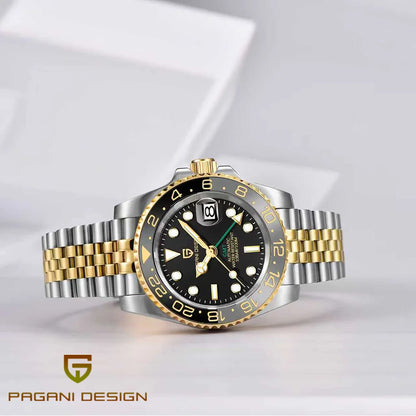 Mechanické pánske hodinky Pagani Design GMT – Luxusný model so zafírovým sklom, puzdrom z nehrdzavejúcej ocele a keramickou lunetou – Automatické pánske hodinky v profesionálnom štýle