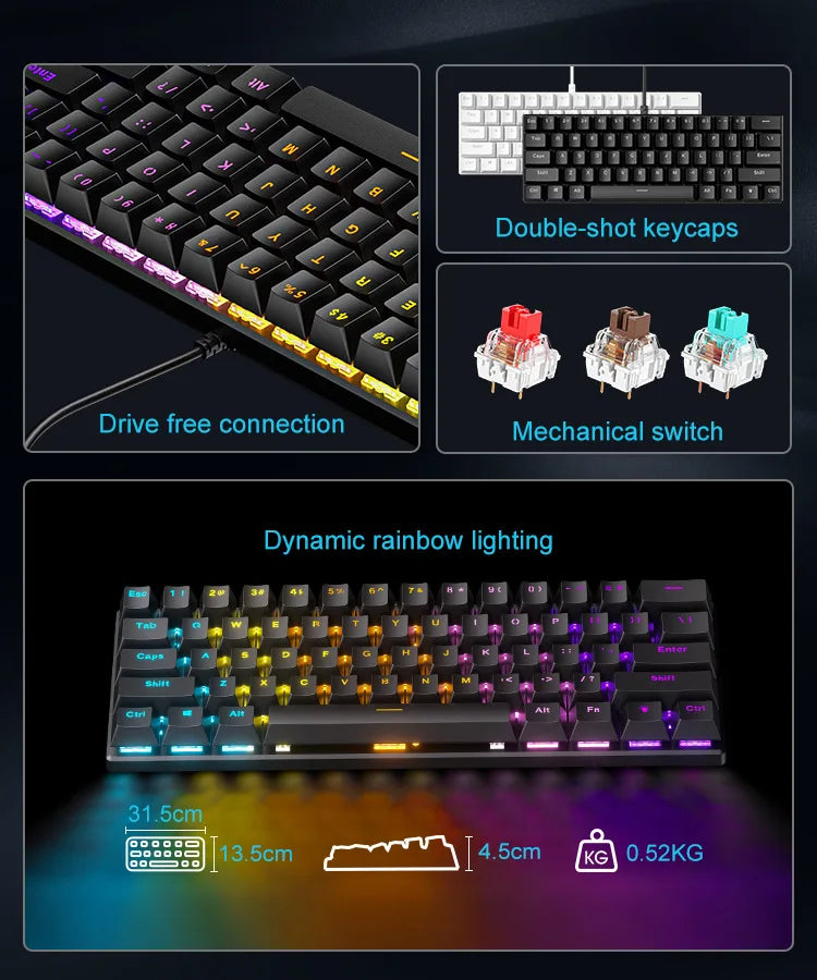 RGB Teclado mecanico branco 60% mechanical keyboard gaming white clavier gamer blanco tecla key board black pc keyboards