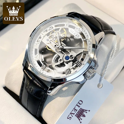 Reloj mecánico automático para hombre OLEVS 6661 – Modelo esqueleto totalmente transparente con volante a la vista, correa de piel, reloj de lujo original para hombre