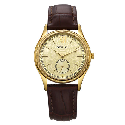 BERNY Luxury Watches for Men Classic Elegance Slim Dress Gold Quartz Men's Watch Leather Strap Fashion Business Wristwatch
