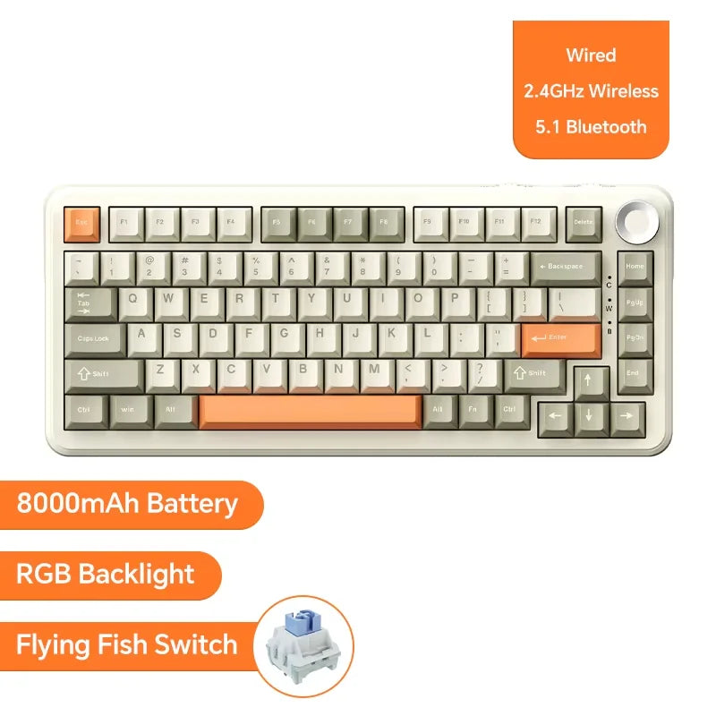 AK820 Wired Full-Key Hot-Swap Keyboard Removable USB Port White/Ice Blue Backlight Premium Sense Colorway