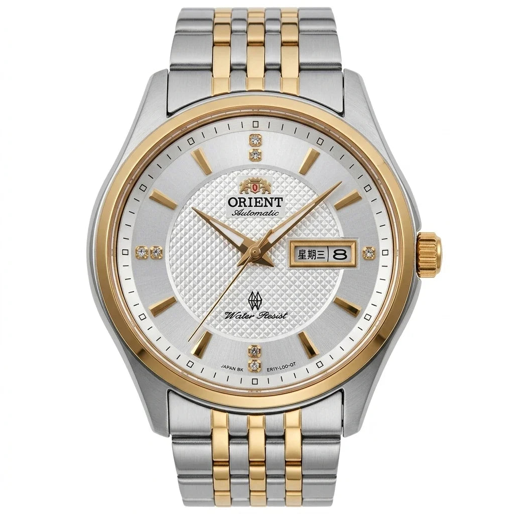 Orient automatisch mechanisch herenhorloge, met dubbele kalender (datum en dag van de week), kristallen indexen en roestvrijstalen armband – Polshorloge in professionele stijl