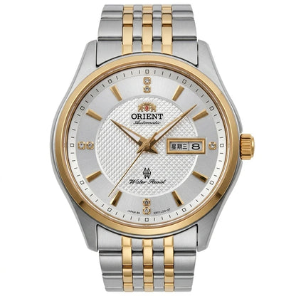 Orient automatisch mechanisch herenhorloge, met dubbele kalender (datum en dag van de week), kristallen indexen en roestvrijstalen armband – Polshorloge in professionele stijl