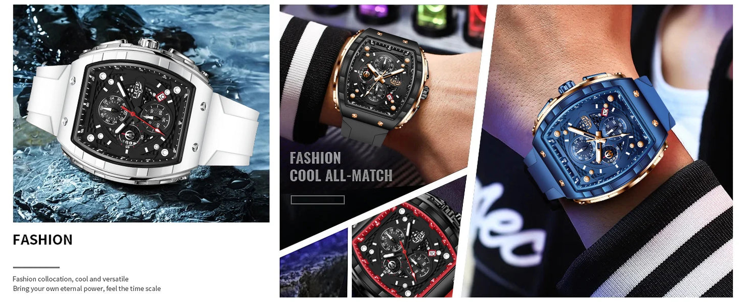 LIGE Man Watch Fashion Luxury Waterproof Silicone Strap Quartz Men's Watches Luminous Sports Auto Date Chronograph Simple Clocks