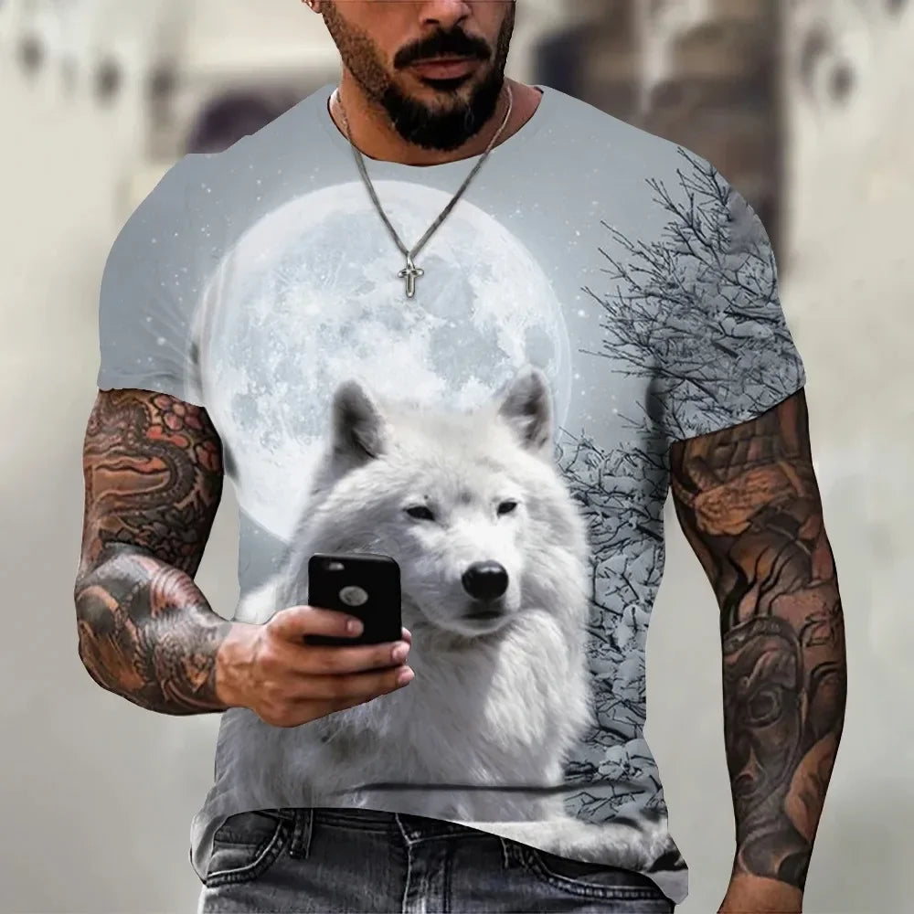 Módne pánske tričko s potlačou „Wolf Roar“, letné ležérne tričko s okrúhlym výstrihom, trendové streetové oblečenie pre mužov, voľné tričká na každodenné nosenie