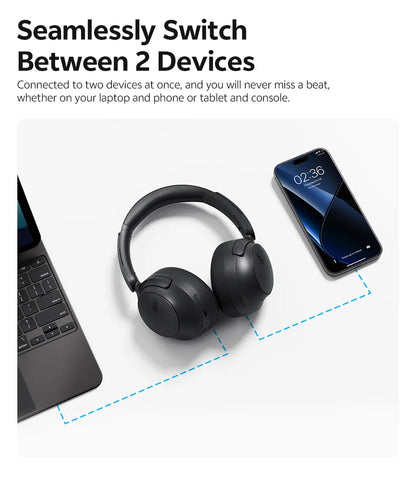 QCY H3S -56dB ANC adaptativo Auscultadores Bluetooth 6.0 circum-aurais – Headset sem fios Hi-Res LDAC, bateria de 102H, som espacial Dual Driver