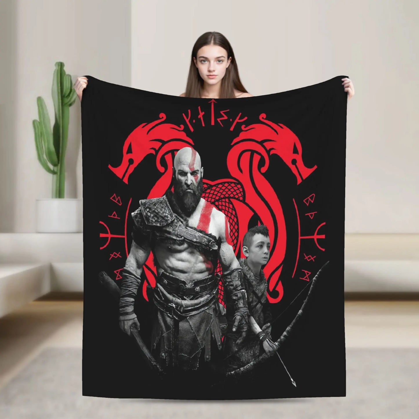 God of War Games Kratos Cartoon Blanket Warm Soft Pattern Plush Throw Blanket For Couch Chair Sofa Bed Bedspread Bed Cover