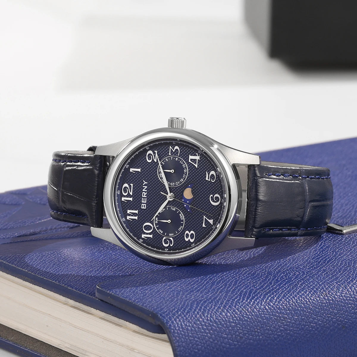 BERNY Watches for Men Moon Phase Quartz Men's Watch Day and Date Calendar Easy Read Vintage-Style Business Dress Wristwatch