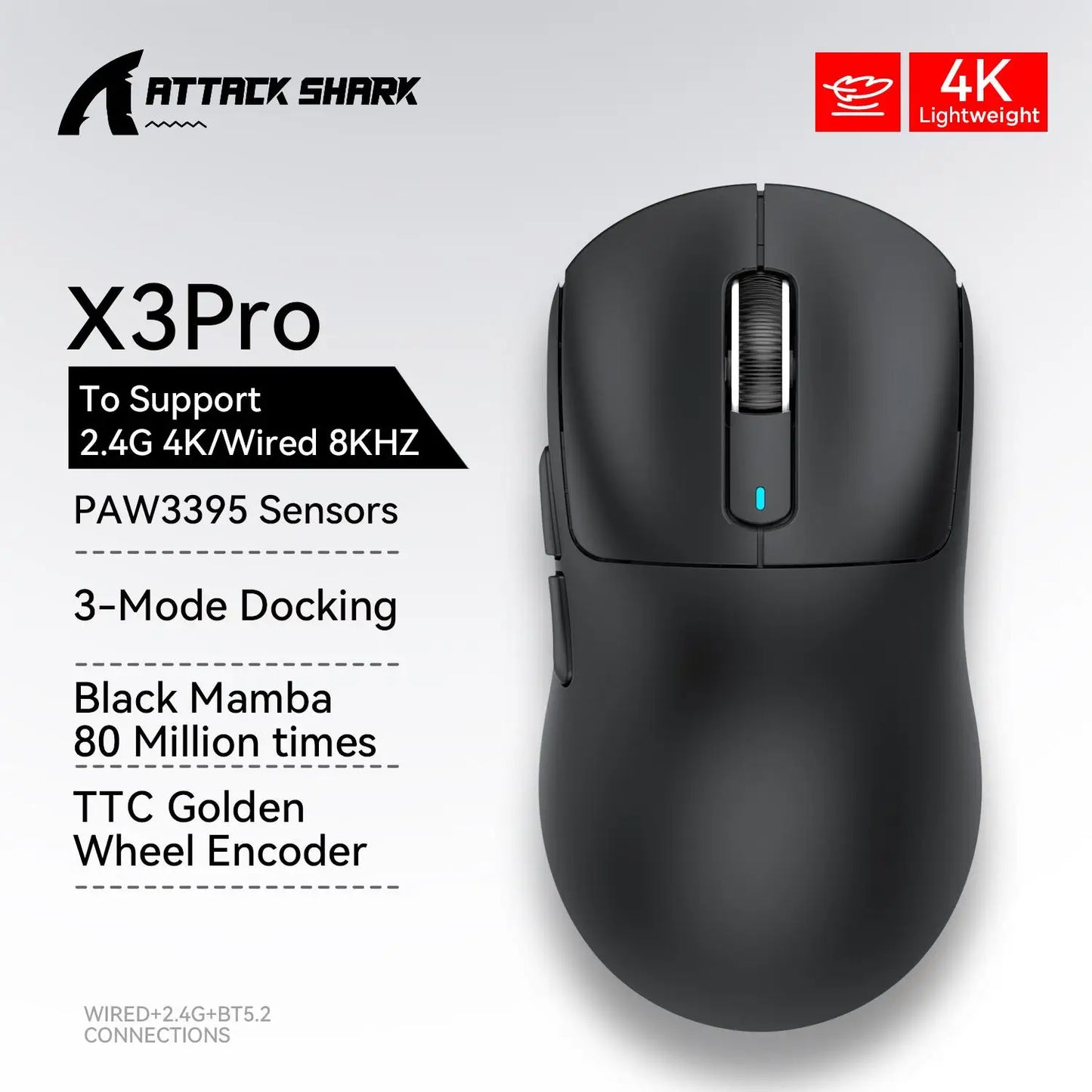 X3 Gaming Mouse Wireless ATTACK SHARK Rot 4K Rückläufe, Bluetooth-Tri-Mode-Verbindung, PAW3395, Makro-Bluetooth-Gaming-Maus