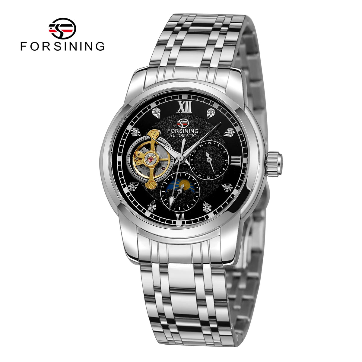 Ceas mecanic automat pentru bărbați Forsining – Stil de lux, business și fashion, brățară metalică, tourbillon, ace luminescente, împodobit cu diamante artificiale