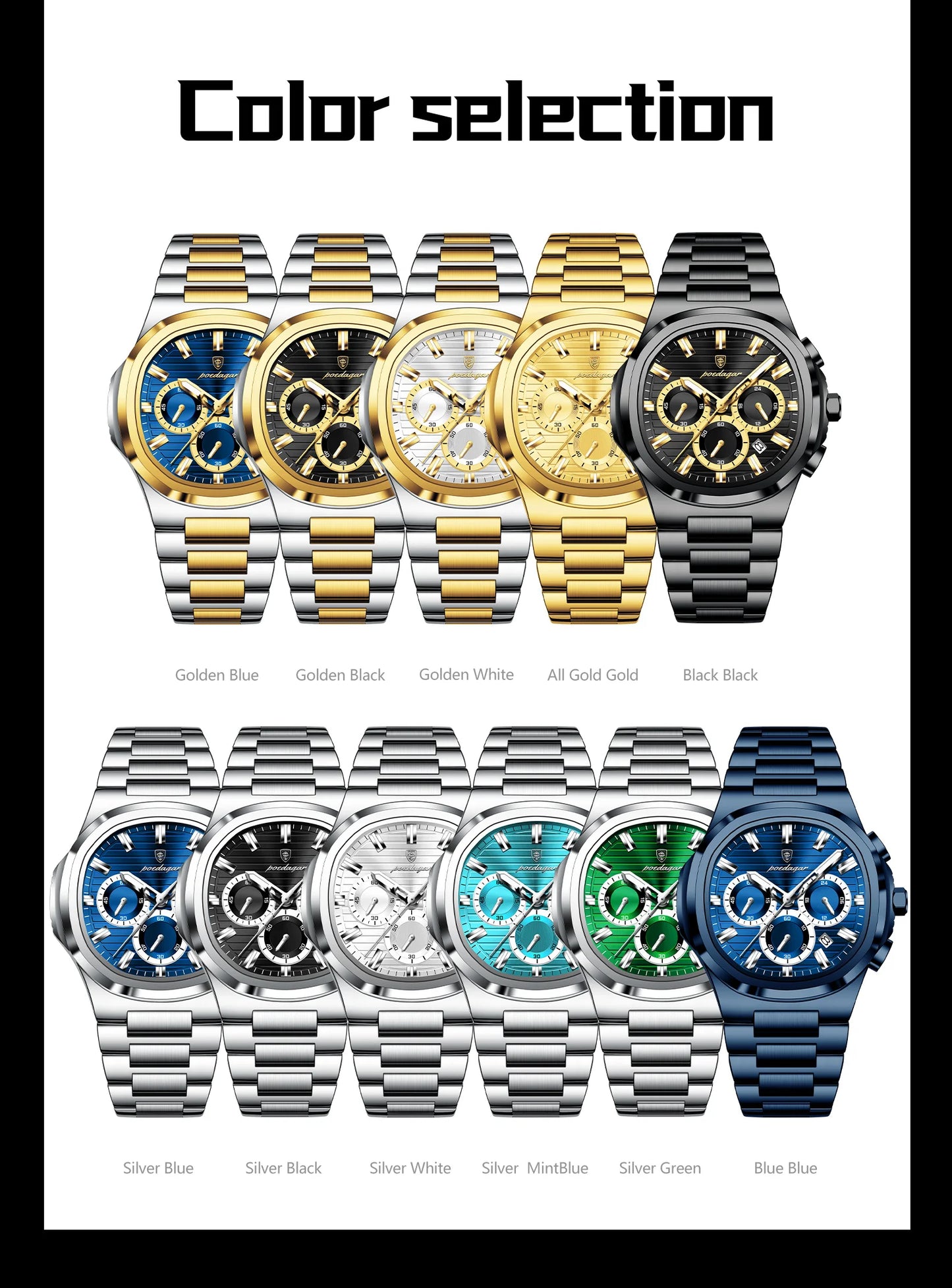 POEDAGAR Men’s Luxury Stainless Steel Quartz Watch  Waterproof Chronograph with Luminous Dial & Date