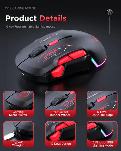 Mouse gaming macro MKESPN W12 cu 10 butoane, ambidextru, wireless Bluetooth, multicanal, tri-mode, ergonomic, RGB mare