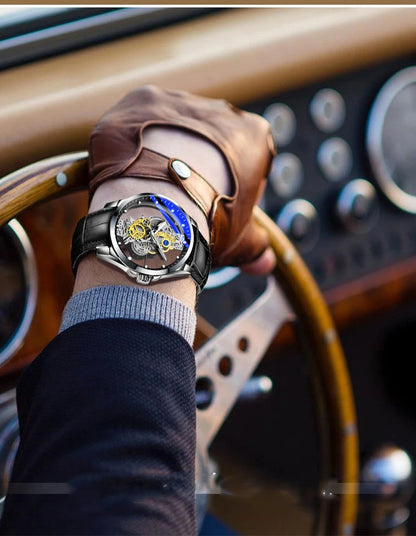 Trendové pánské hodinky, model s dvojitým víčkem, luxusní zlatý styl, imitace mechanického tourbillonu, quartzový strojek.