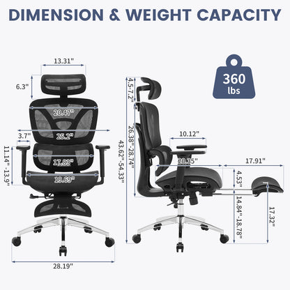 Ergonomic Office Chair, High Back Mesh Desk Chair w/Footrest, Dynamic Lumbar Support, Adjustable Headrest 90-125° Tilt Backrest