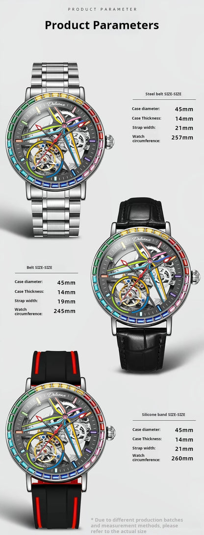 Rainbow Colored Gemstone Tourbillon Fashion Skeleton Watch Men Waterproof 30M Sports Watches Luxury Automatic Mechanical Clock