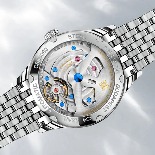 AGELOCER Original Budapest Watch – мъжки бизнес часовник с метална каишка, голям календар, автоматичен механичен механизъм – подарък за рожден ден за мъже