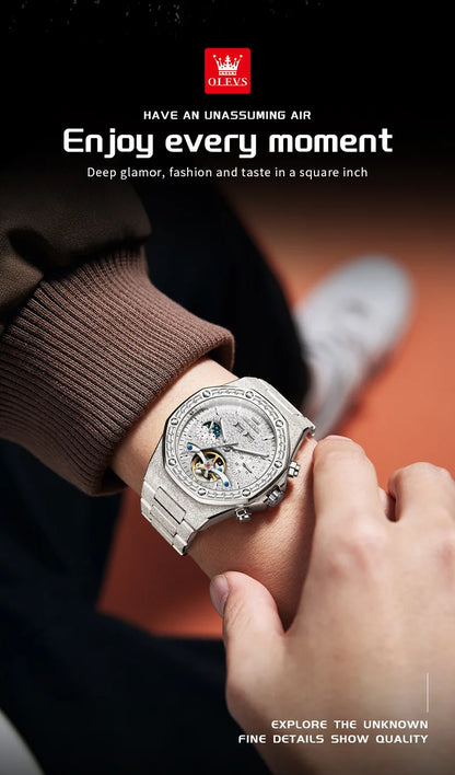 OLEVS Gold Steel Men's Watches Top Brand Automatic Mechanical Luxury Watch Sport Waterproof Tourbillon Wrist Watch Reloj Hombre