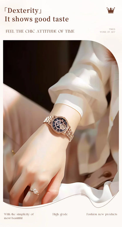 OLEVS Women’s Luxury Automatic Skeleton Watch  Starry Sky Stainless Steel Mechanical Wristwatch